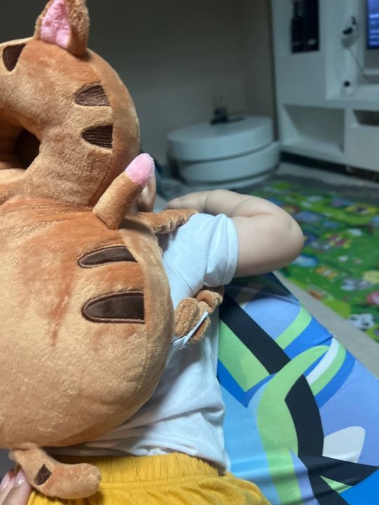 Customer photo: a toddler wearing the tiger head protection pillow, seen from behind