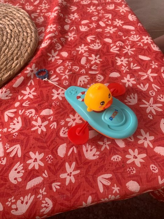 Customer photo: the duck kayak toy on a red patterned tablecloth