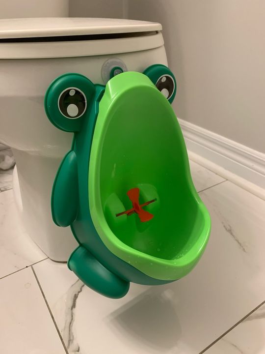 Customer photo: the green frog urinal mounted beside a toilet