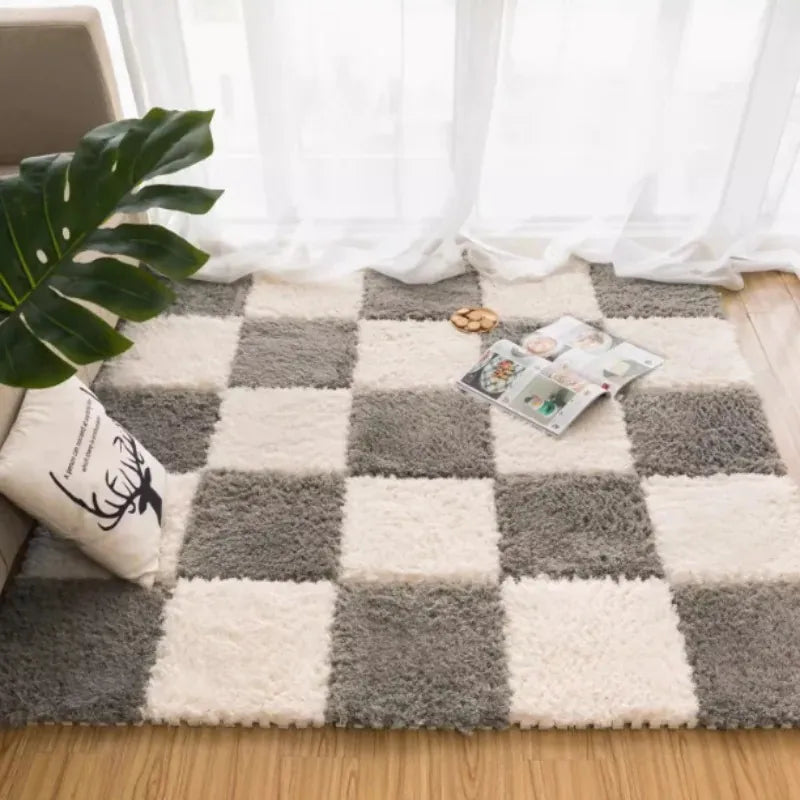 Plush Baby Floor Mat tiles in grey and white in a checkerboard pattern