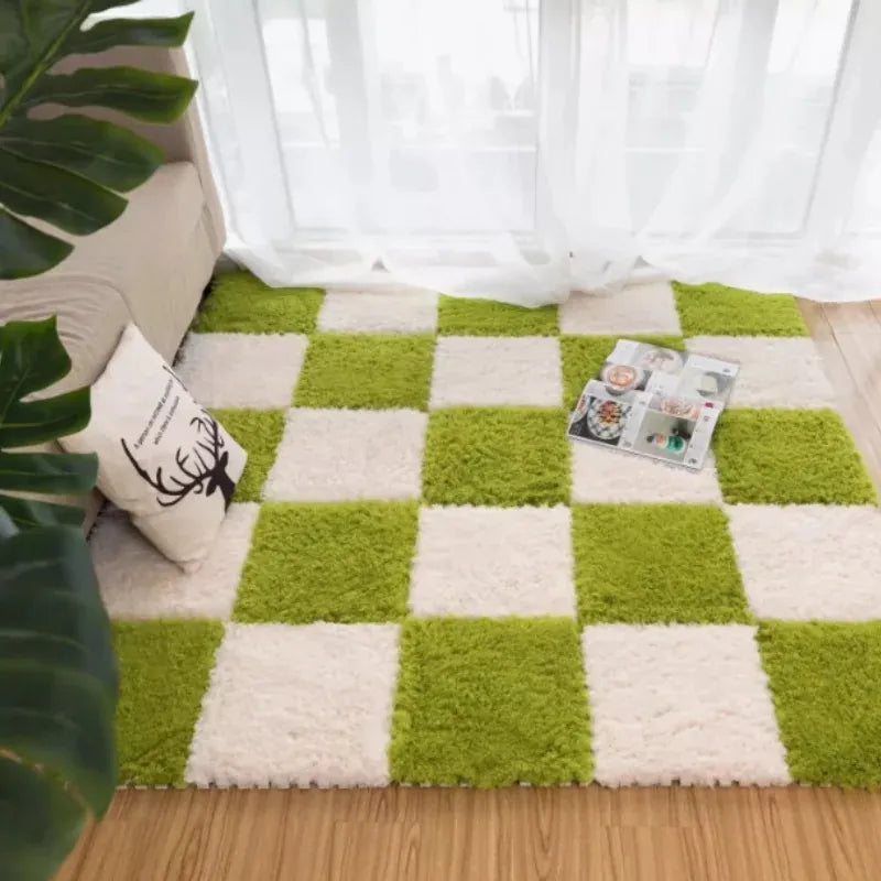 Plush Baby Floor Mat tiles in green and cream laid out in a checkerboard pattern