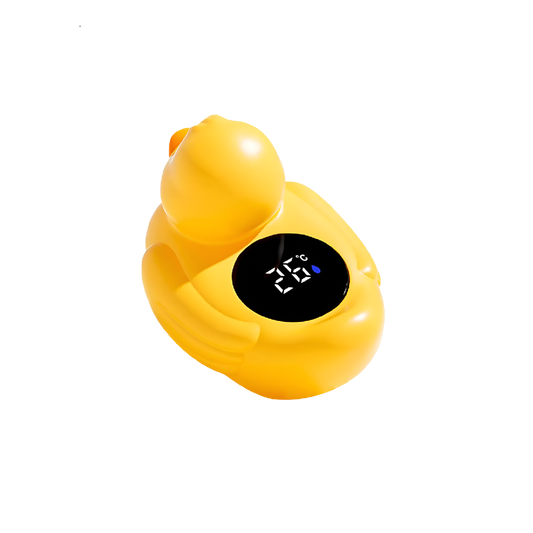 Yellow duck bath thermometer with a round digital display on its side