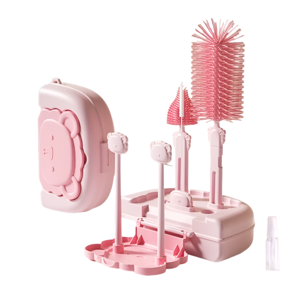 Portable Baby Bottle Cleaning Brush Set - Pink Lion