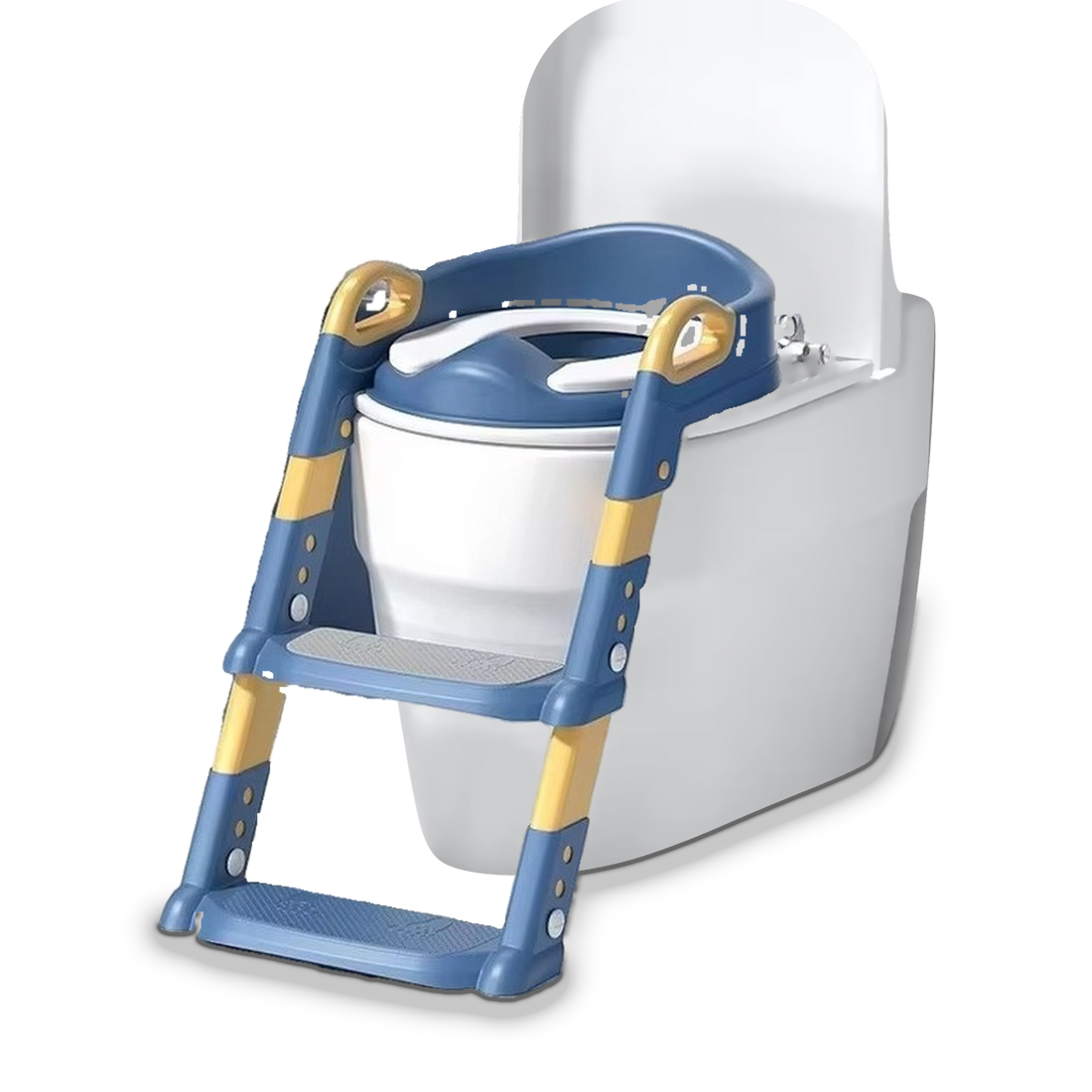 Foldable Potty Ladder with Toilet Seat in Blue, shown fitted on a toilet
