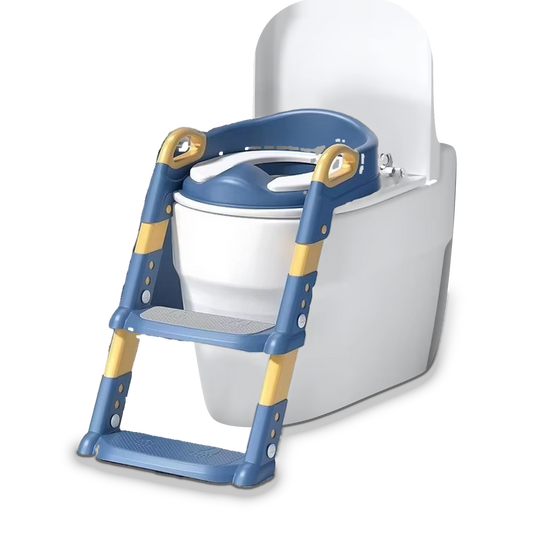 Foldable Potty Ladder with Toilet Seat in Blue, shown fitted on a toilet