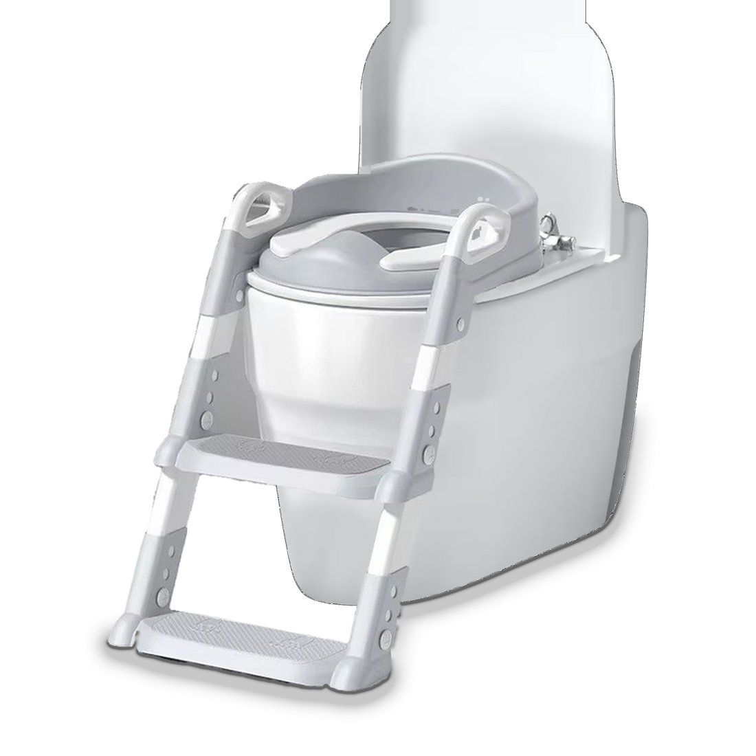 Foldable Potty Ladder with Toilet Seat in Gray, shown fitted on a toilet