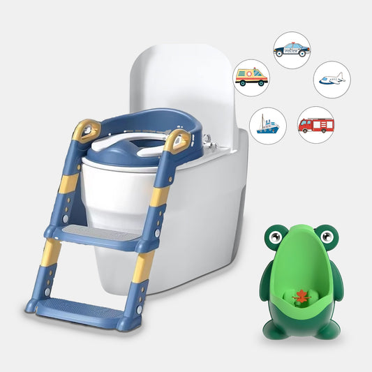 Potty Training Bundle: tall potty ladder with toilet seat, magic potty stickers and frog urinal