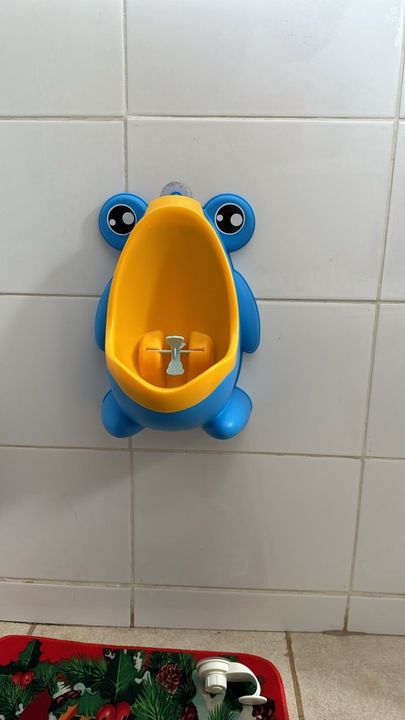 Customer photo: the blue frog urinal mounted on a tiled bathroom wall