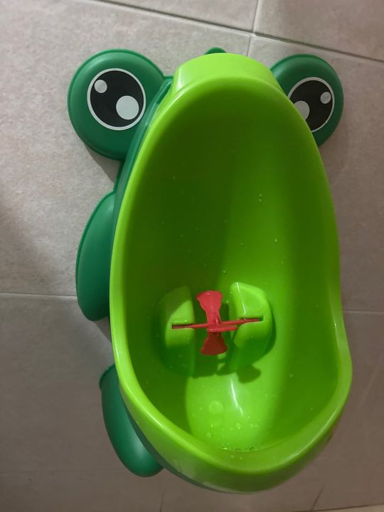 Customer photo: close-up of the green frog urinal with its spinning target