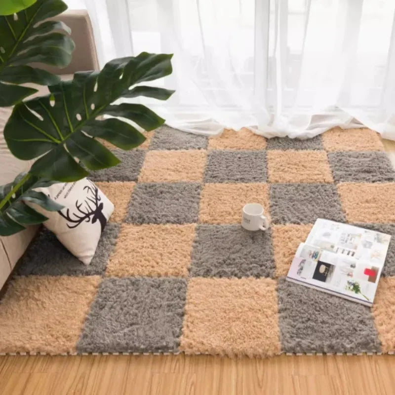 Plush Baby Floor Mat tiles in tan and grey in a checkerboard pattern